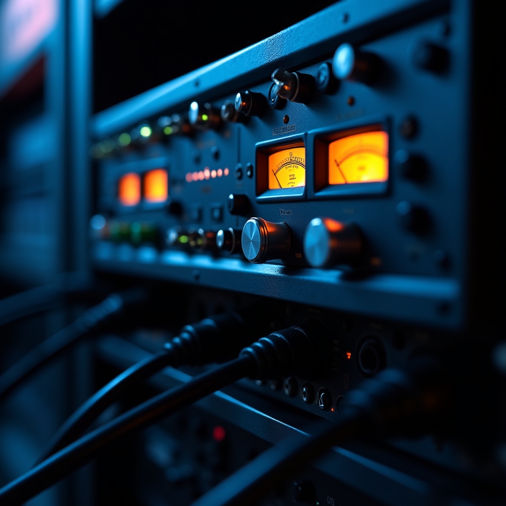 Audio-Interface und Vorverstärker im Technikrack des Studios